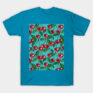 Red cherries on turquoise T-Shirt